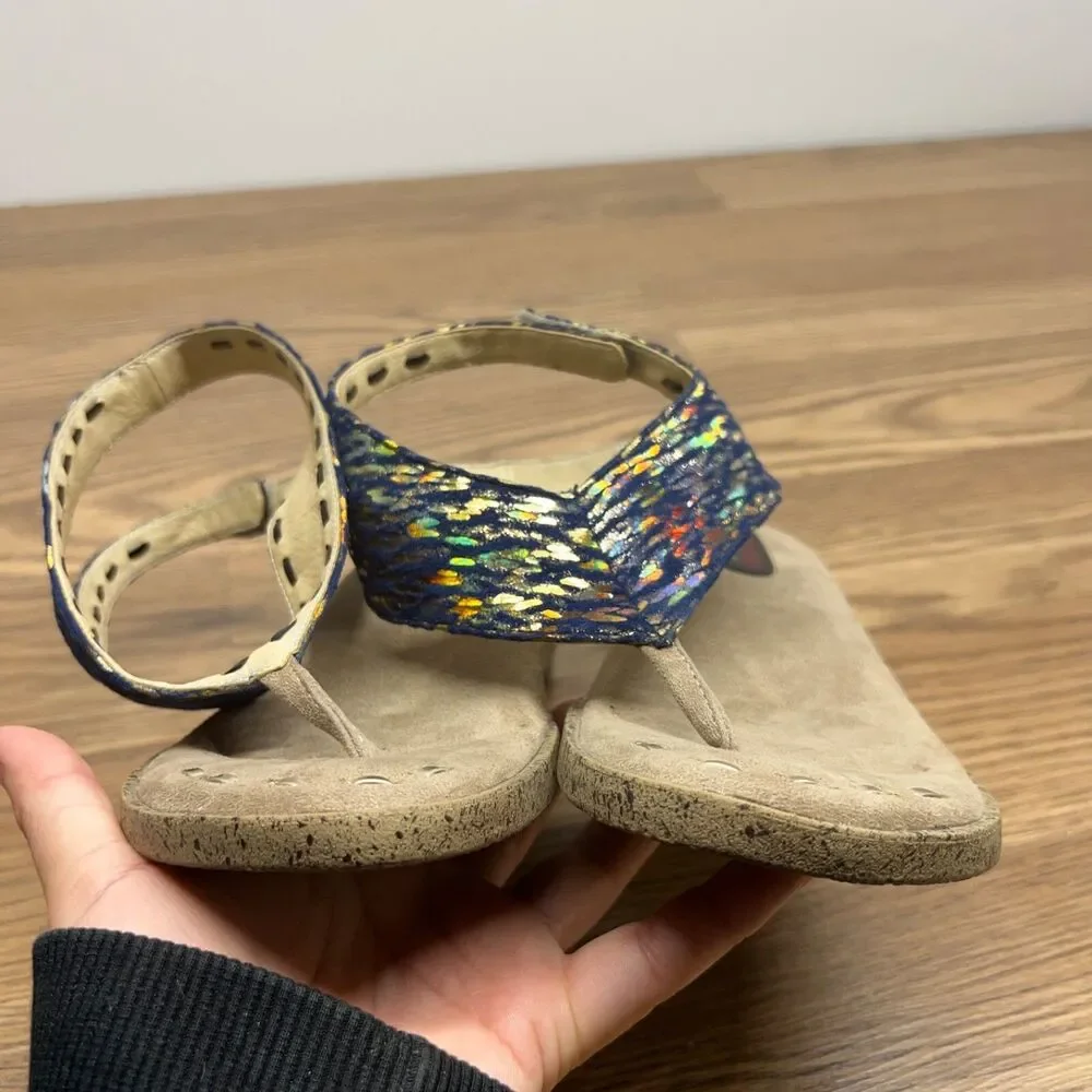 Modzori‎ Solid Beige & Blue Reversable blue Glitter Thong Wedge Sandals Womens 7